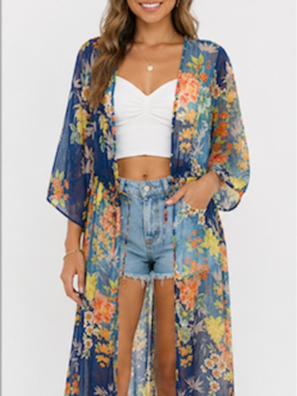 Floral Chiffon Maxi Cover Up Sheer Kimono Beach Boho